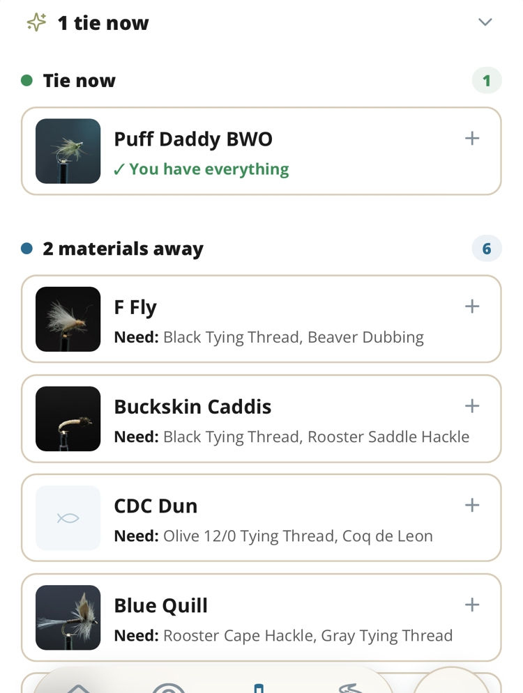 The Bench: your owned materials by category, matched against every pattern in the vault.