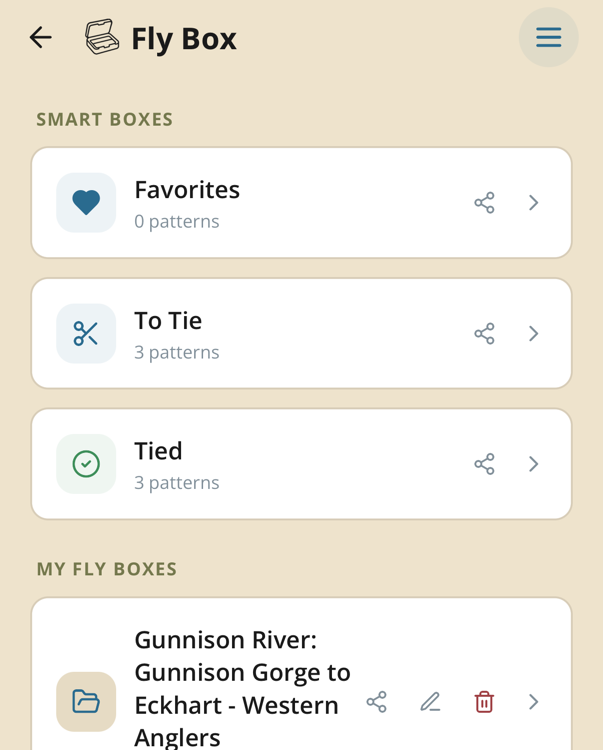The Fly Box screen: smart boxes for Favorites, To Tie, and Tied, plus custom boxes named for rivers and trips.
