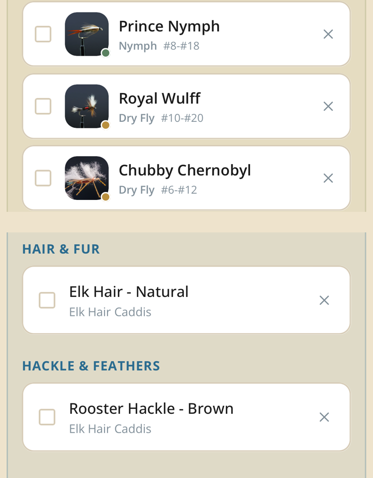 The Shop List: flies to buy and materials to pick up, sized and colored to the recipe.